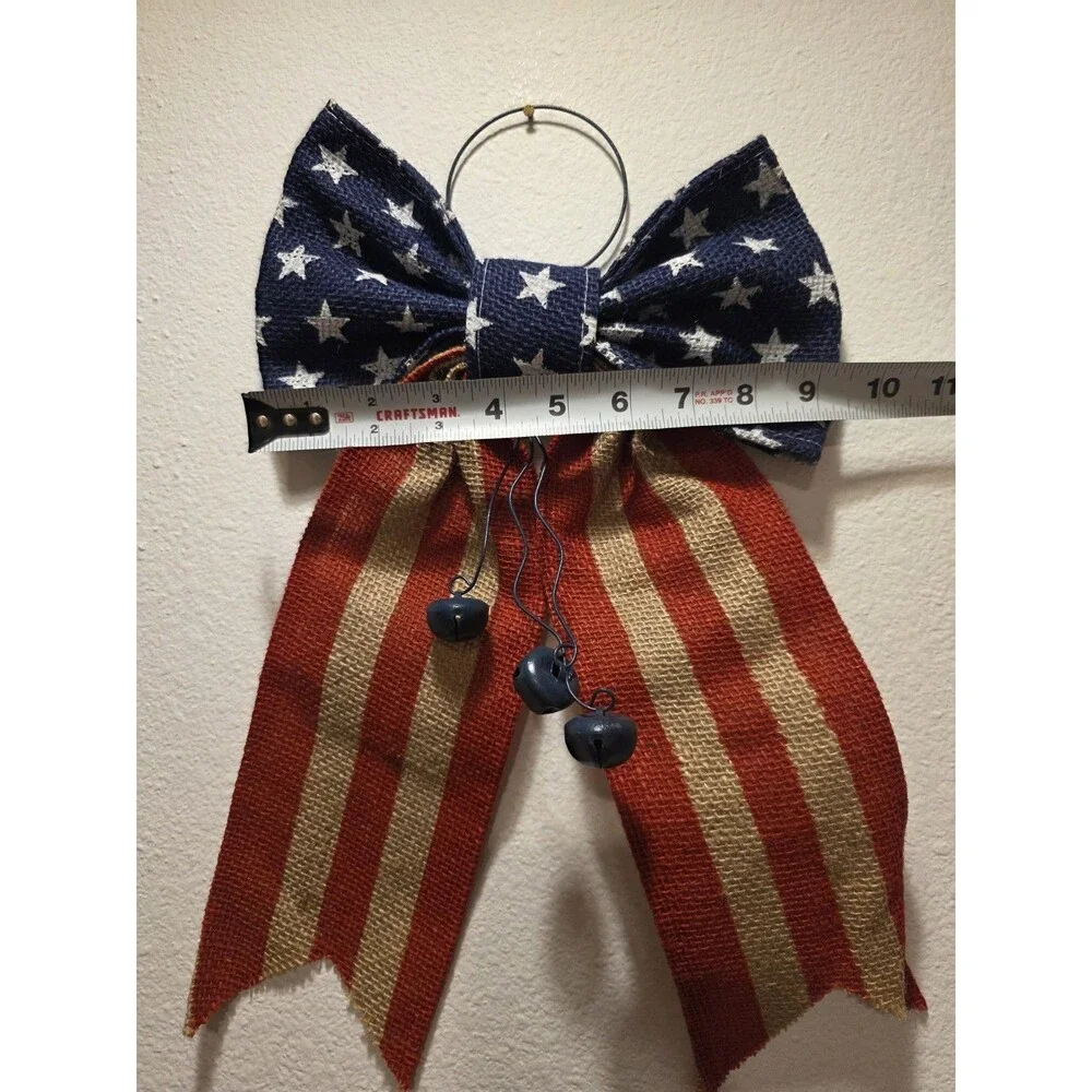 4th of July Patriotic Stars & Stripes Bow w/ Bells Welcome Door Hanger